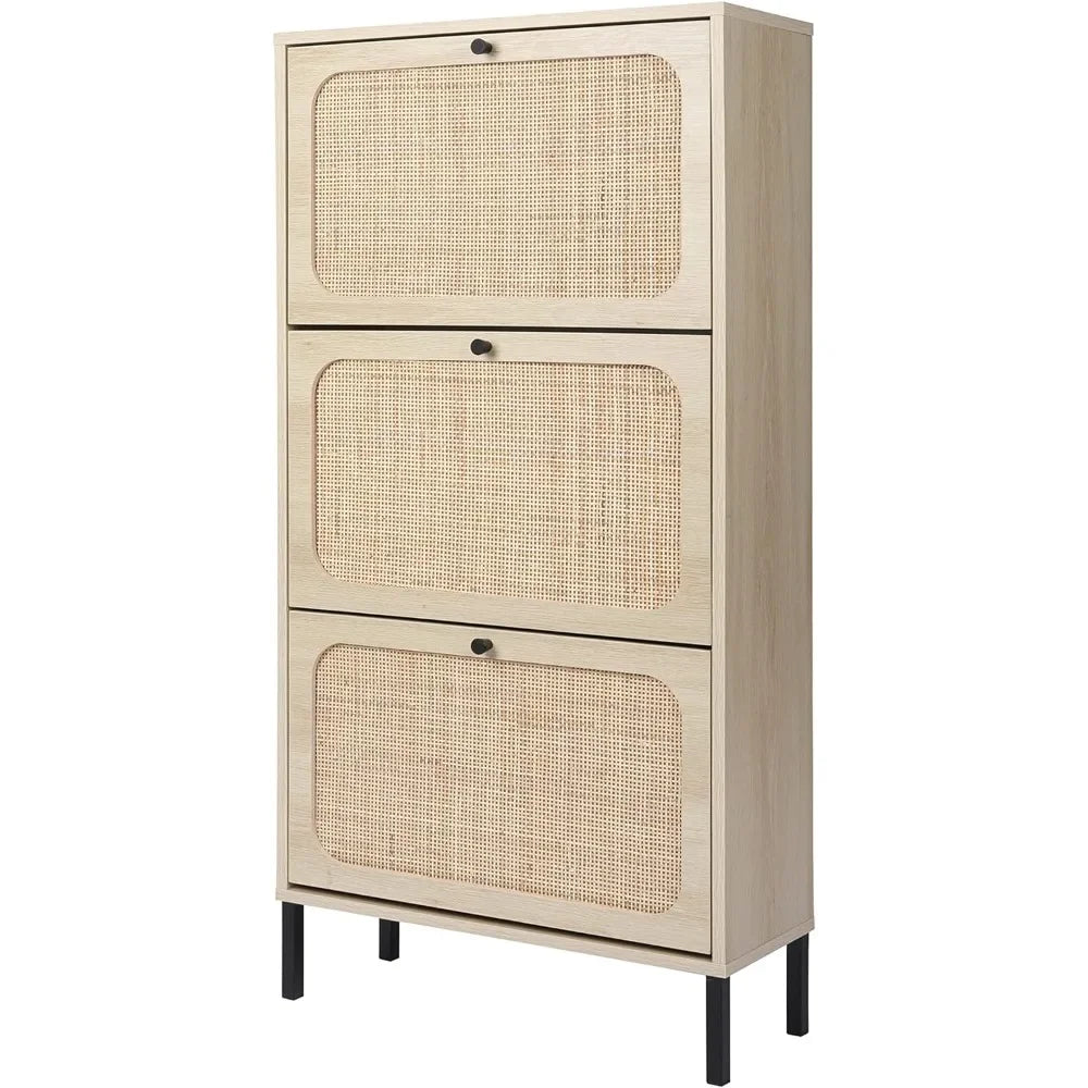 ANGDUO Indoor Beige-Black Natural Rattan 3 Tiers Flip-Out Drawers Free Standing Four Black Metal Feet Shoe Organizers/Product Dimension:9.45"D x 23.6"W x 48.9"H/ Product Weight:41lbs/Assembly Required/Storage Options Also