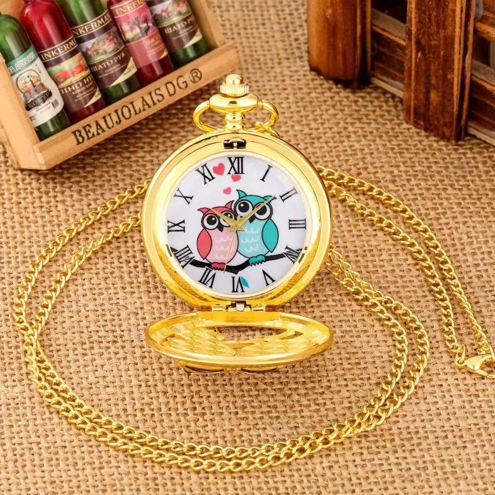 No-EN-Name-Null Adults Antique Quartz Plastic Face Analog-Digital Display Roman Numeral Gold-Brown Round Metal Alloy Case Hollow-Out White Crystal Diamond-Green Studded Two Owls Lovers On The Front-Floral Back Chain-Pocket Watches
