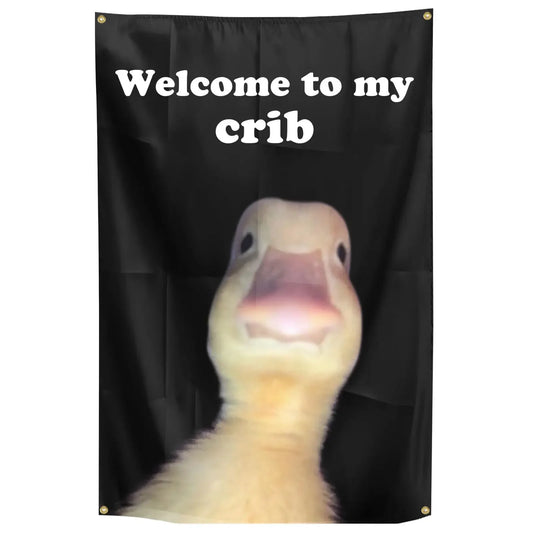 Double-Stitched Polyester Black Background Funny Yellow Duck White Letters Saying Welcome to My Crib Wall Hanging Flags Tapestries/4 Shiny Brass Grommets/Acrylic Flagpole Material