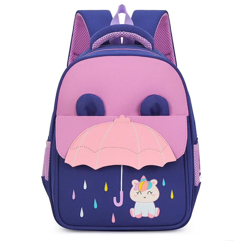 Kids Kindergarten Waterproof Blue Nylon Fabric Exterior Front Flap Pocket 3D Cartoon Animal Umbrella Design Personalized Embroidered Name  Zipper Polyester Lining Straps-Handle School Backpacks/ Phone Pocket/Colors-Pink/Blue/Multicolor