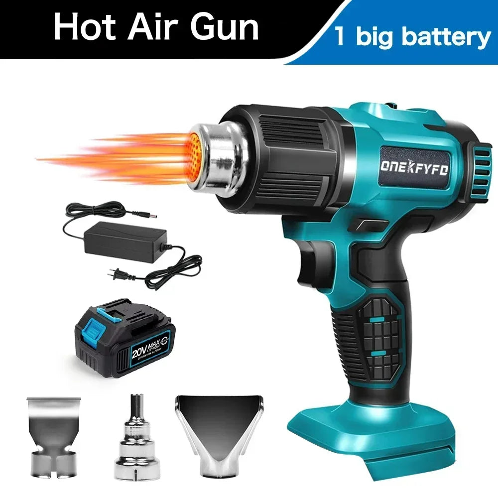 ONEKFYFD Plastic Blue-Black Body Lithium Battery-Powered Rechargeable Cordless Electric Adjustable Temperature 300W Hot Air Guns/2 Lithium Batteries/3 Nozzles/ Charging Cord/Adapt To Makita 18V Lithium Battery/Colors-Blue/Black/Silver