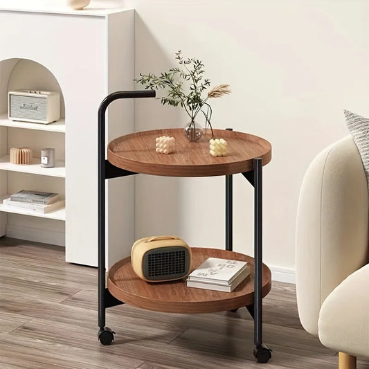 Wood Colored Small Double Layer End Table /3 Tripod Wheels/ Metal Frame/Colors- Gray/Brown/White