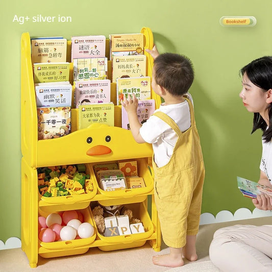 Toddler-Size Yellow Solid Plastic Duck Animal Face Design Free-Standing 4-Deep Storage Shelves-4 Storage Bins Bookshelf