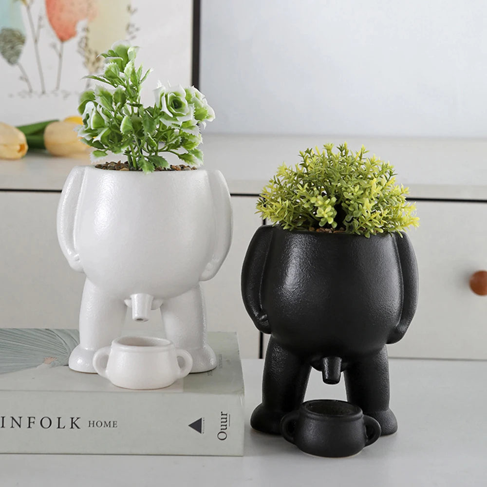 No-EN-Name-Null Small Modern Cute Cartoon Ceramic White Spoof Peeing In A Clay Pot With Two Handles Wear Resistant Desktop Flowerpots Planters /Colors-White/Black/Green/Multicolor