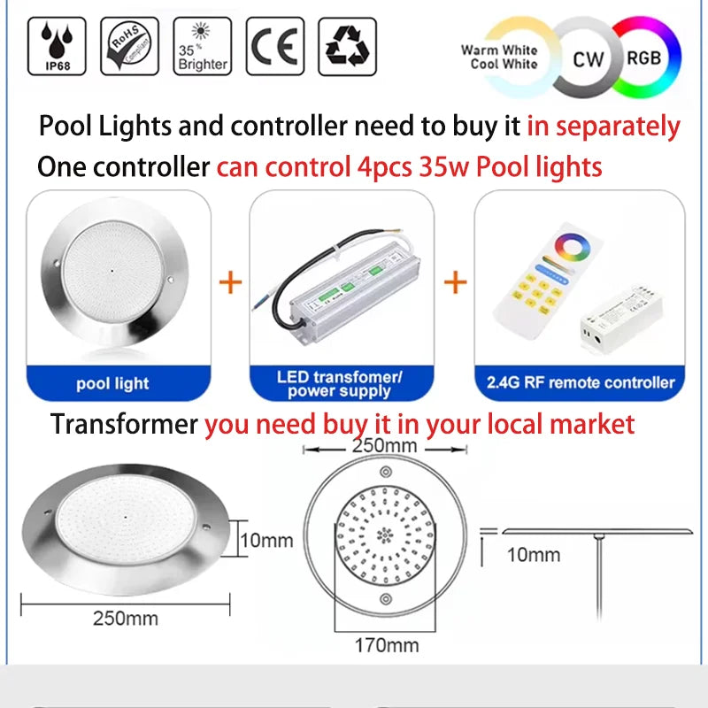 TUYA Outdoor 12V Ultra-Thin Silver Round Stainless Steel Metal Body Warm-Cool White-Blue LED Lights Emergency Underwater Swimming Pool Lights/Colors-Silver/White/Gray