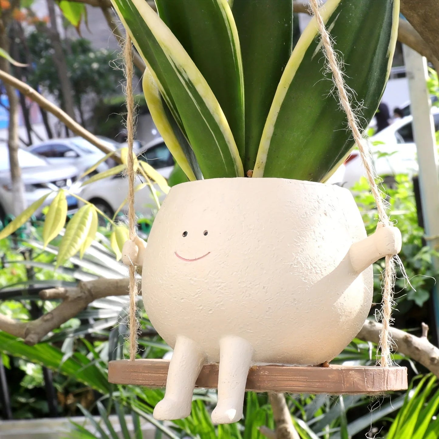 No-EN-Name-Null Round Beige Resin Smiling Face Succulent Suspended Striped Wood Swing Hanging Planters