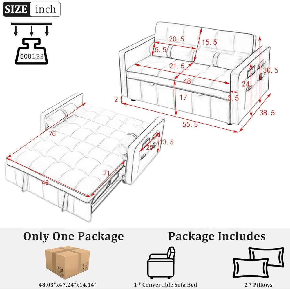 No-EN-Name-Null 3-In-1 Medium Soft Adjustable Backrest Pull Out Black Tuft-White Trim Soft Velvet Fabric Metal Frame Convertible Seat-Recliner-Sleeper Bed Sofas/2 USB Ports /2 Pillars /2 Pockets/Colors-Black Tuft/Gray Tuft/Light Gray Tuft/
