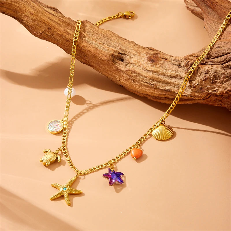 DIEYURO Adult Women Stainless Steel Gold-Plated Imitation Star-Pearl-Heart-Shell-Turtle-Starfish-Mood Tracker Pendant Chain Necklaces