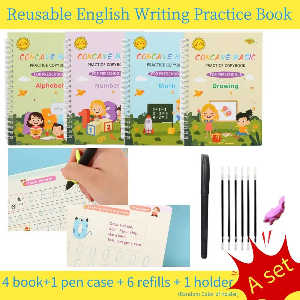 No-EN-Name-Null Kids 4 PCS English Groove Magic Practice Writing Letters-Numbers White Thick Cardboard Multicolor Paperback Copybooks Reading Toys /Ages: 1-14  Years Old-Older /Pens/Pen Grip