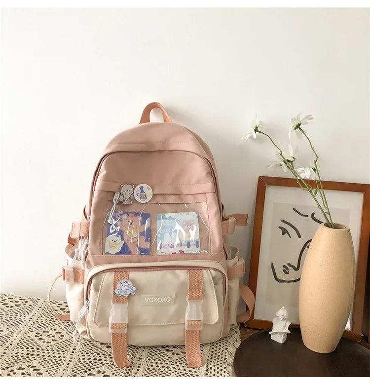 VONMONAN Women Waterproof Pink Nylon Fabric Clear Transparent Window Kawaii Cute Animal Design Zippers External Pockets Polyester Lining Single Compartment Shoulder Straps-Handle School Backpacks/Colors-Pink/Red/Green