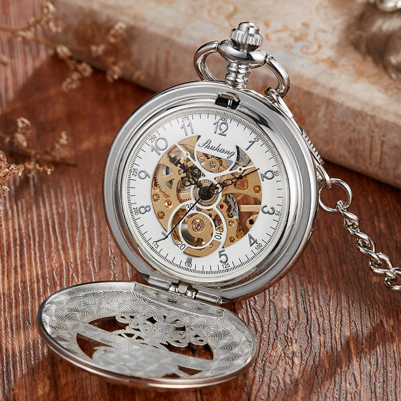 GORBEN Adults Mechanical Hand-Winding Glass Face Black-Sliver-Gold Round Stainless Steel Metal Case Analog Display Hollow-Out Skeleton Dial Blue Night Sky-Half Moon-Stars-Sun Design Analog Display Chain-Pocket Watches/With Box-Without Box