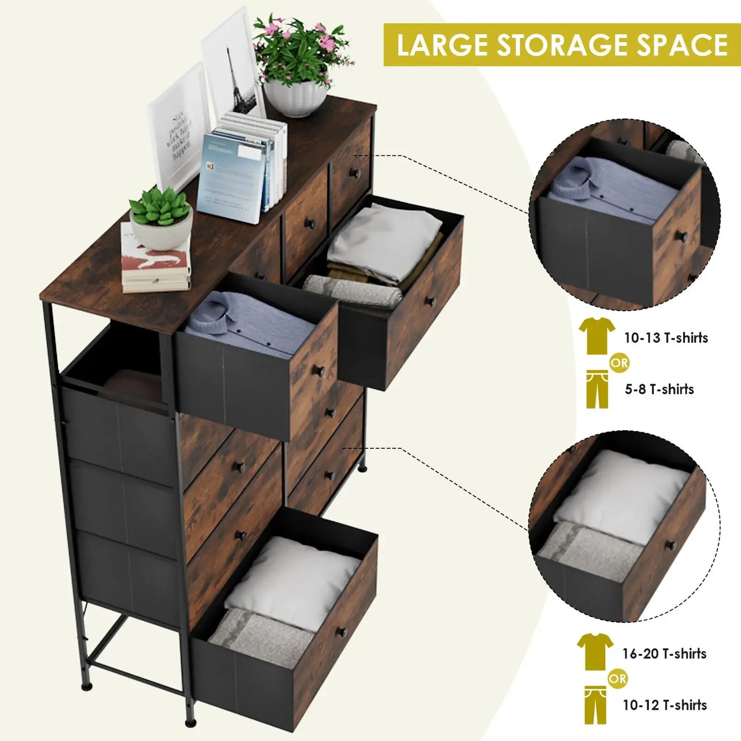 No-EN-Name-Null HOMFA Antique Large Brown Rectangle Shaped Wood Top-12 Drawers Iron Metal Rods Frame Cross-Back Design Free-Standing Tall Fabric Bin Dressers