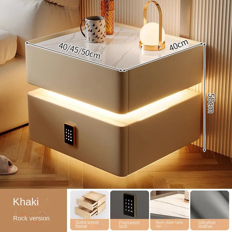 OMGD Modern Dark Gray Square Shaped Scratch-Resistant Black Glass Top Smart Touch Sensing-Password Lock Design Quick Wireless Charging-Listening Bottom Hidden Bluetooth Audio Speaker Lighted Solid Wood Nightstands/ Colors-Dark Gray/Light Gray/Khaki/White