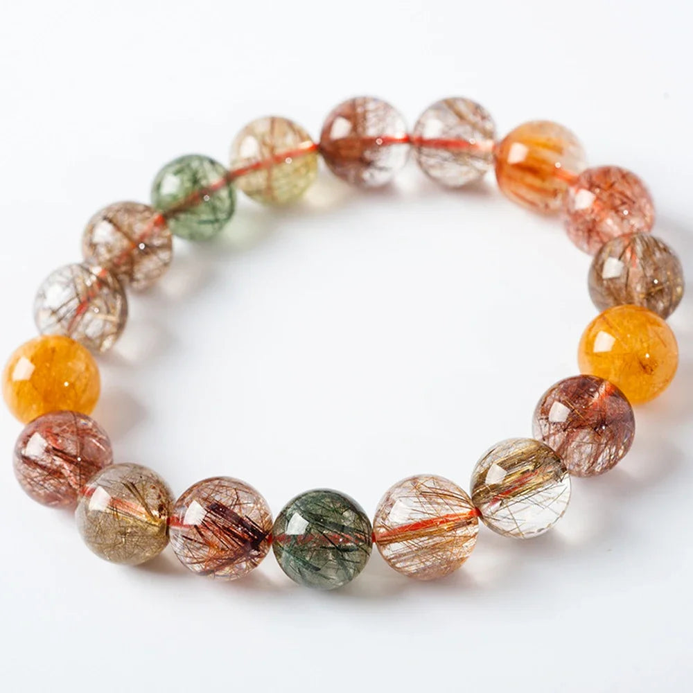 Adults Imitation Natural Crystal Colorful Rutilated Quartz Round Beaded Couple Bracelets/Colors-Multicolor/Black