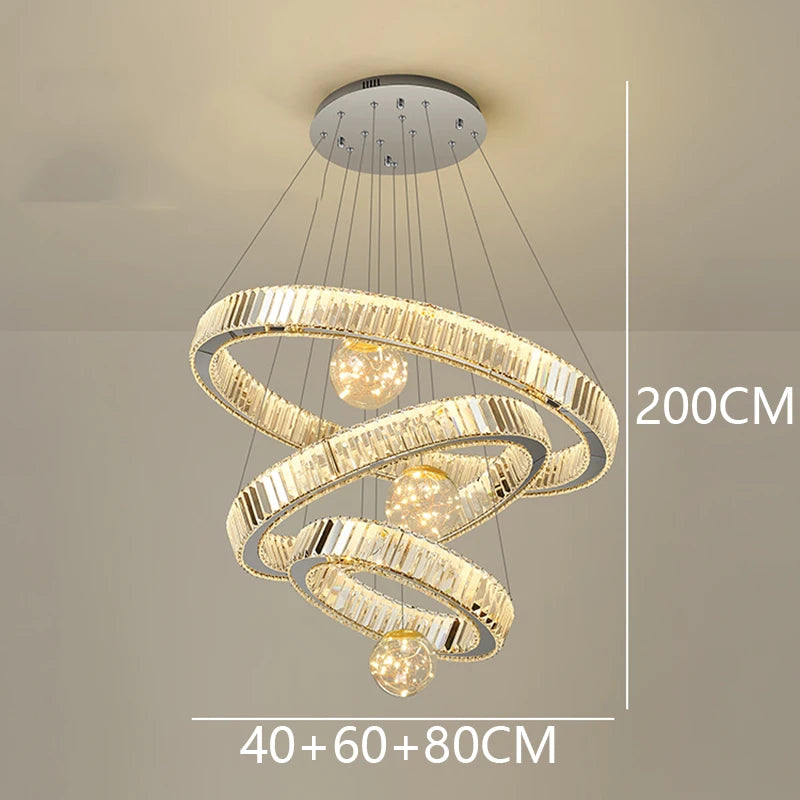 Modern Stainless Steel LED Warm Cool Twisted Ring Cord Pendant Hanging Crystal Chandelier Ceiling Lights/Dimming Remote Control/Touch On-Off/Colors-Gold/Silver