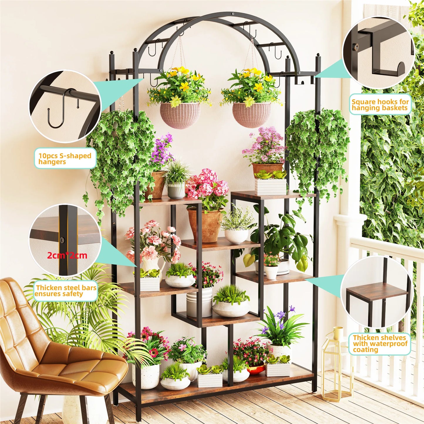 BINGOPAW 5-Tier Indoor Arched Heavy Duty Iron Metal Plant Stands / Pine Chipboard Shelves/Hanging Hooks