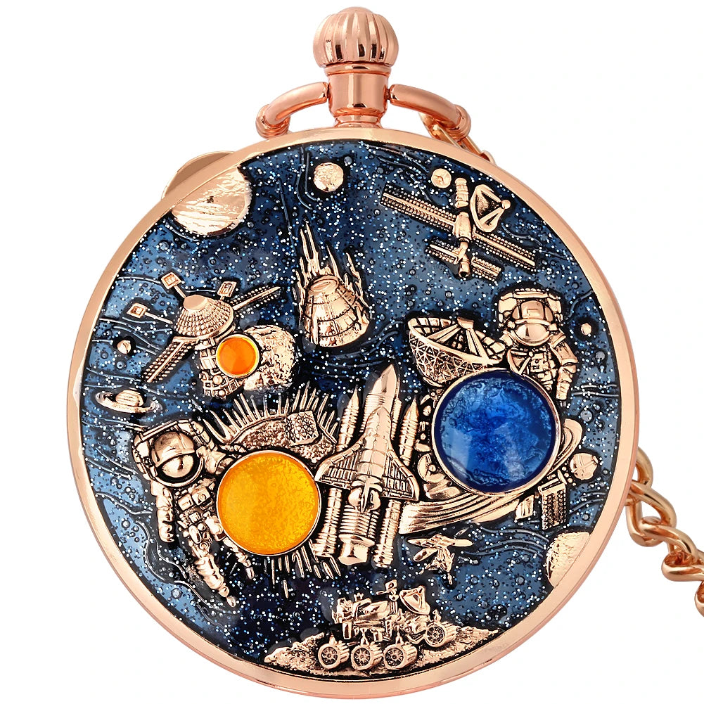 YISUYA Adults Men Quartz Acrylic Face Round Case Analog Display Black Background Gold Planets-Stars-Astronaut-Space Capsule-Shuttle-Satellites-Lunar Roving Vehicle Two Orange-Dark Green Stones Chain-Pocket Watches