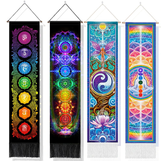 Unisex Rectangle Knitted Cotton-Polyester Blend Printed Soft Fabric 4 Colorful Geometric Chakras Themes Intricated Design Fringed Spiritual Meditation Wall Hanging Tapestries