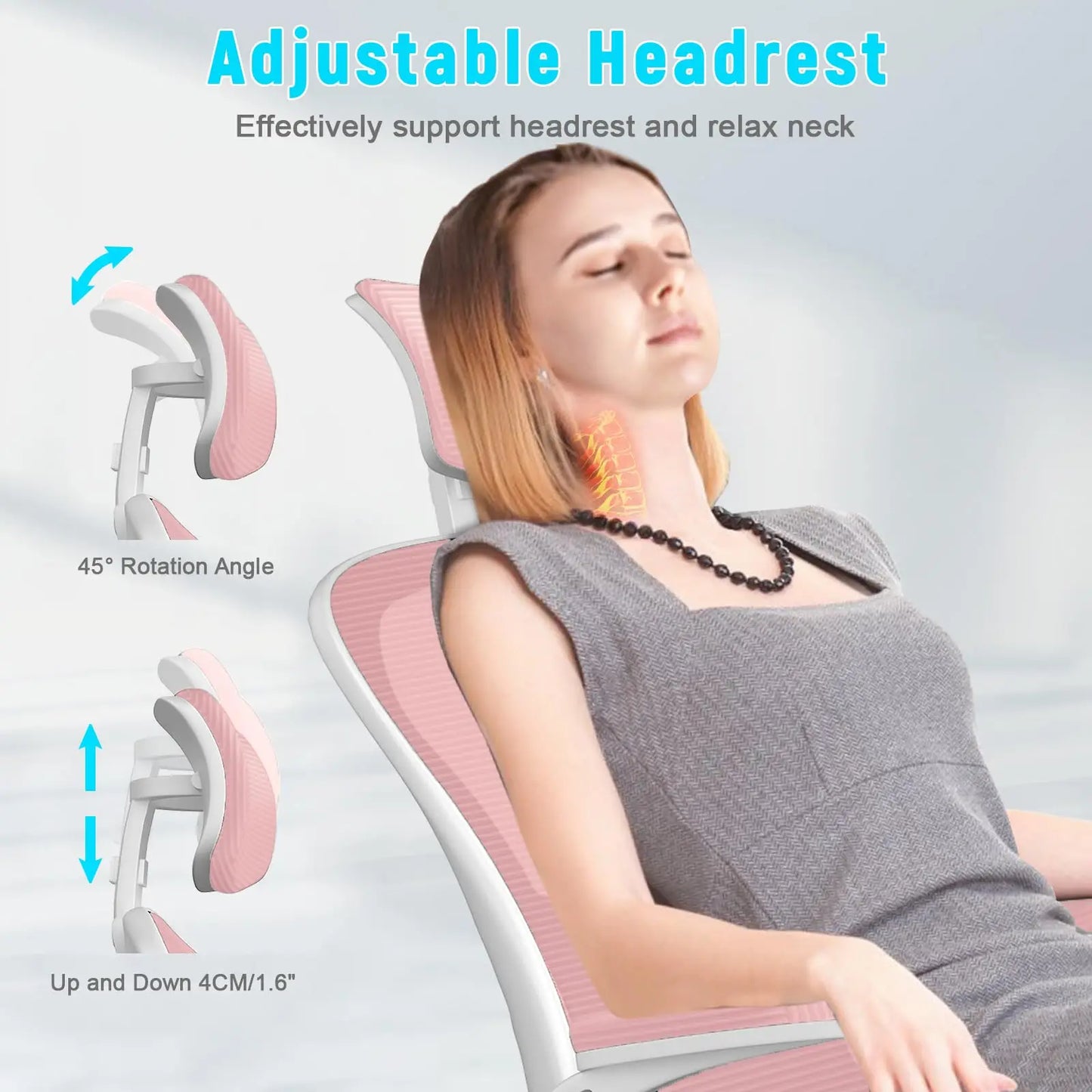 NASPALURO Pink Ergonomic Mesh High Back Flip-Up Armrest S-Shaped Curved Backrest-Five Adjustable Headrest-Foam Seat Depth-Lumbar Support White Aluminum Metal Base Gaming-Office Chairs/Colors-Pink/White/Black/ 4 Black Wheels