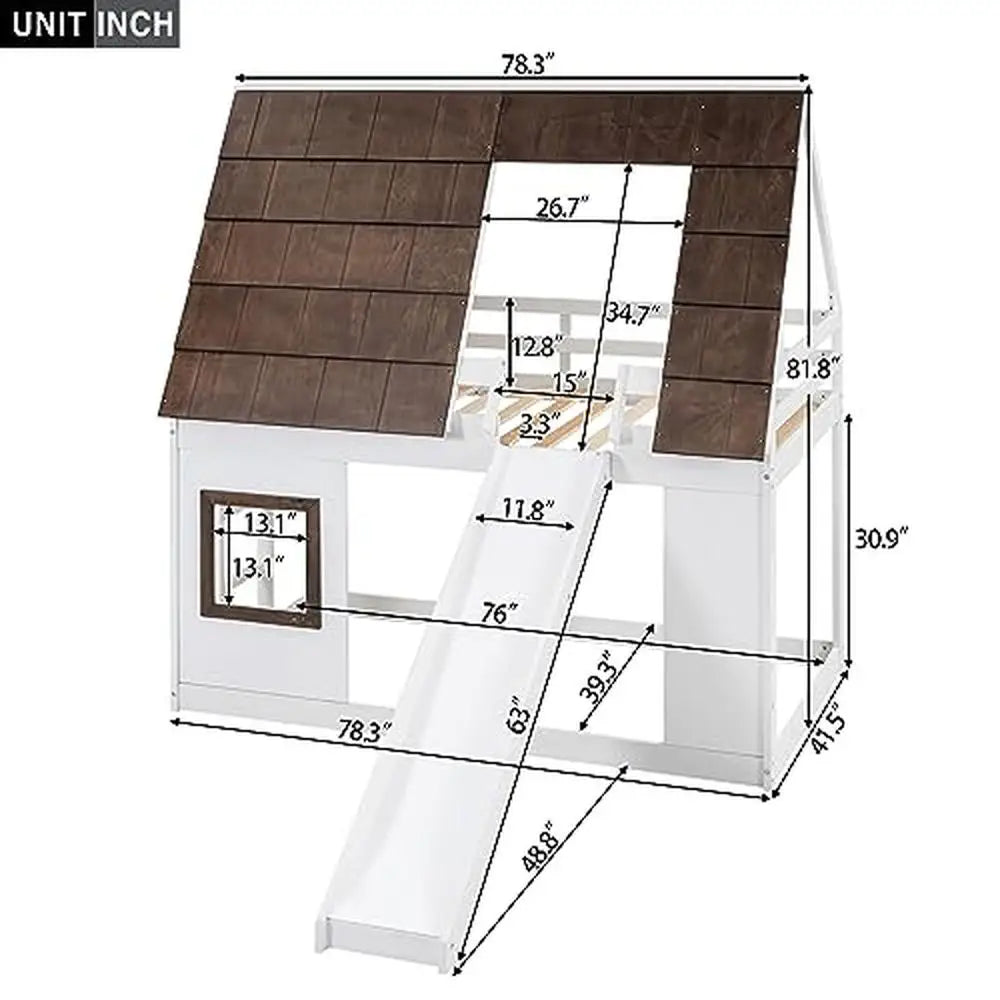 DUTRIEUX Modern Rustic Painted White-Brown Pine Wood Playhouse Shaped Framework Ladder On The Side Slide In Front Twin Low Bunk Beds-Bed Frames Sets /Weight Max: 400 LBS/Slats Included