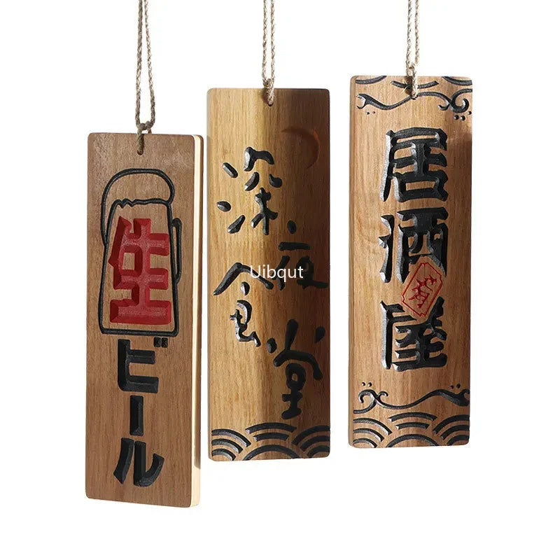 UIBQUT Indoor Japanese Style Brown Bamboo Wood Sushi Shop Entrance-Exit Facility Identification Signs /Size: 10 x 30 x 1.4cm/ Colors-Brown/ Blue/Red
