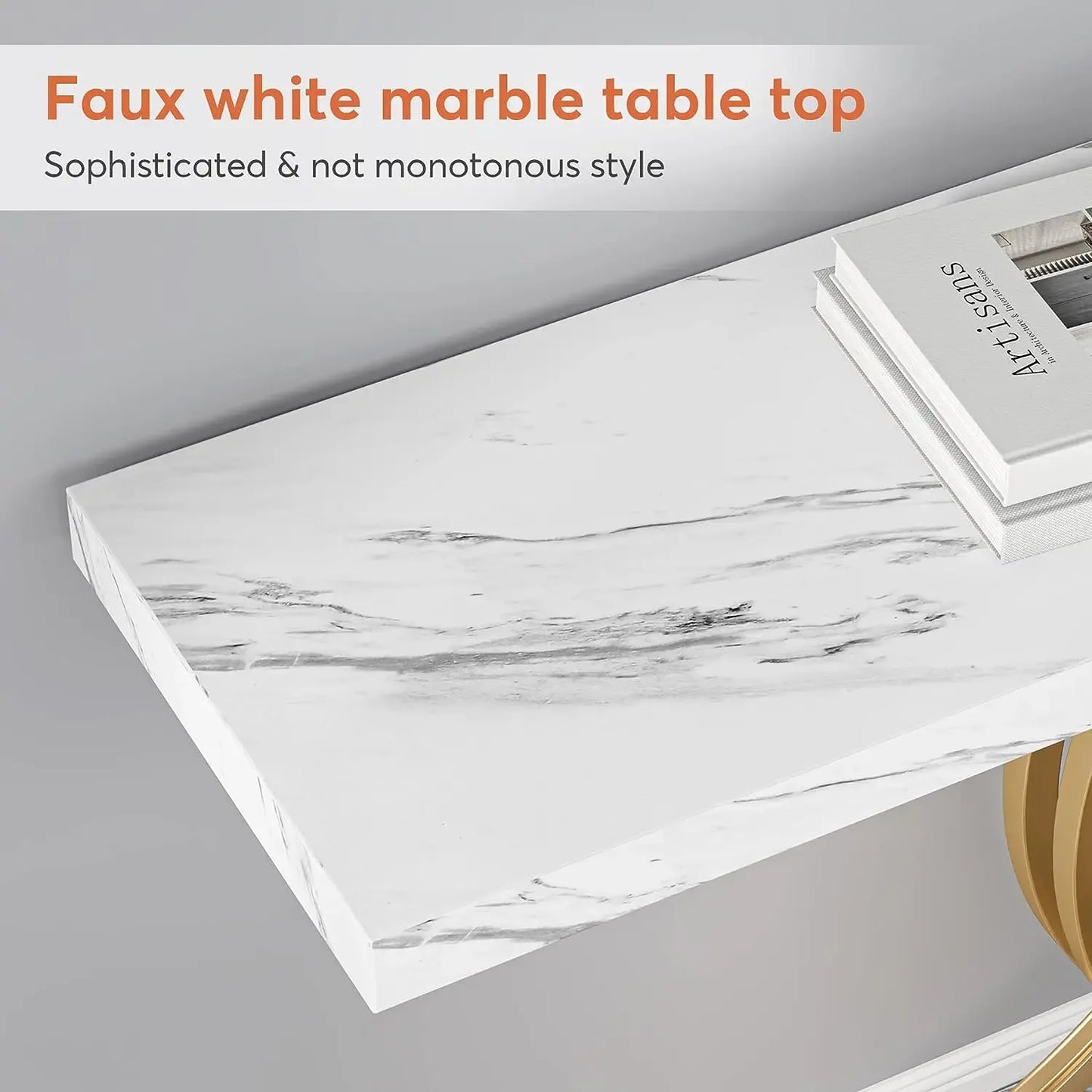 TRIBESIGNS Modern Entryway White Faux Marble Rectangle Shaped Wood Top-Bottom Rectangle Strong Sturdy Wood Base Geometric Gold Metal Frame Narrow Console Tables/Colors-White/Black/Chocolate/Dark Gray
