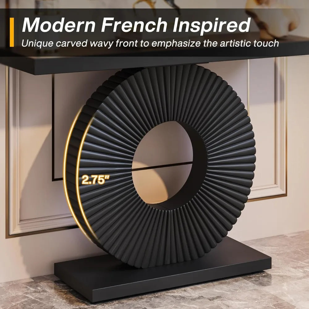TONGYUE Modern Black Thick Wood Top Narrow Long Entryway Geometric Round Flower Face Shaped Base Curved Lines Accents Console Tables/Colors-Black/White/Gray