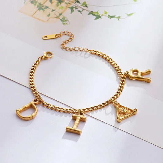 Women Imitation Gold Geometric Stainless Steel Link Chain Letter Charm Lobster-Claw-Clasps Bracelets
