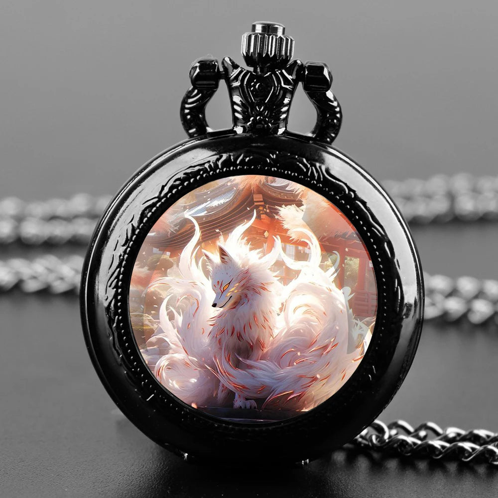 No-EN-Name-Null Adults Unisex Quartz Black Antique Round Shaped Creative Cartoon Nine-Tailed Fox Analog Display Arabic Numerals Black Necklace Chain-Pocket Watches/ Colors-Golden/Bronze/Silvery/Black