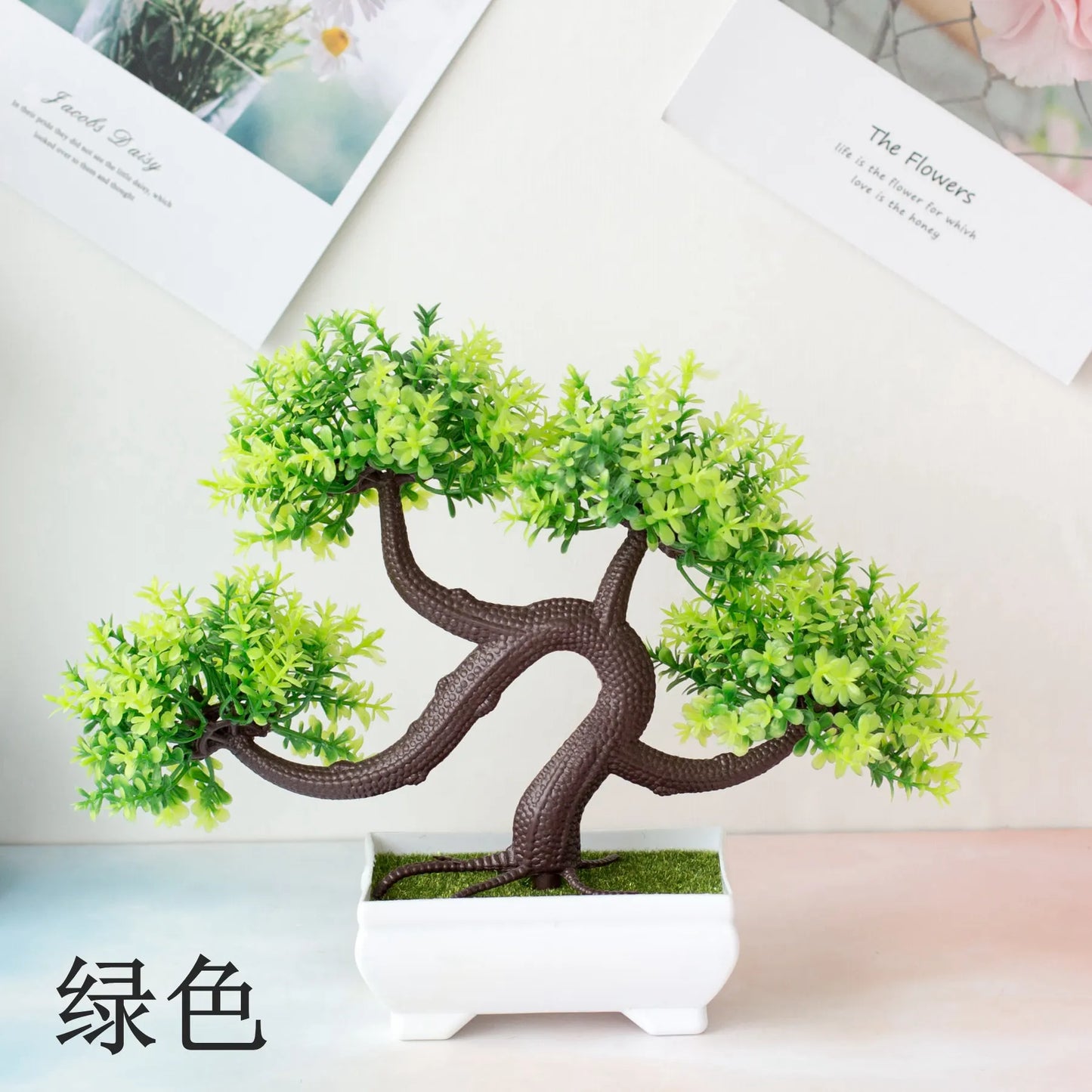 Green Outdoor Plastic Artificial Magnoliopsida Small Floral Bonsai Tree Plants-Rectangle Pot