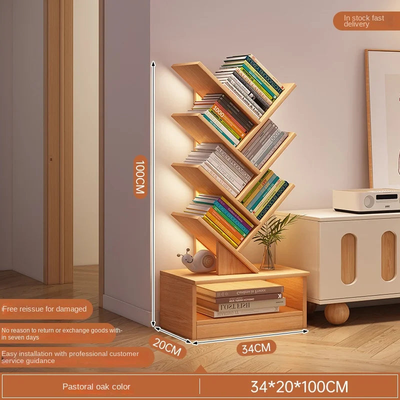 OMGD Modern Brown Wood-Panels One Drawer Box Base Free-Standing Living Room Small Tree-Like Shelves-Ladder Bookcases/Colors-Blue/Brown/White