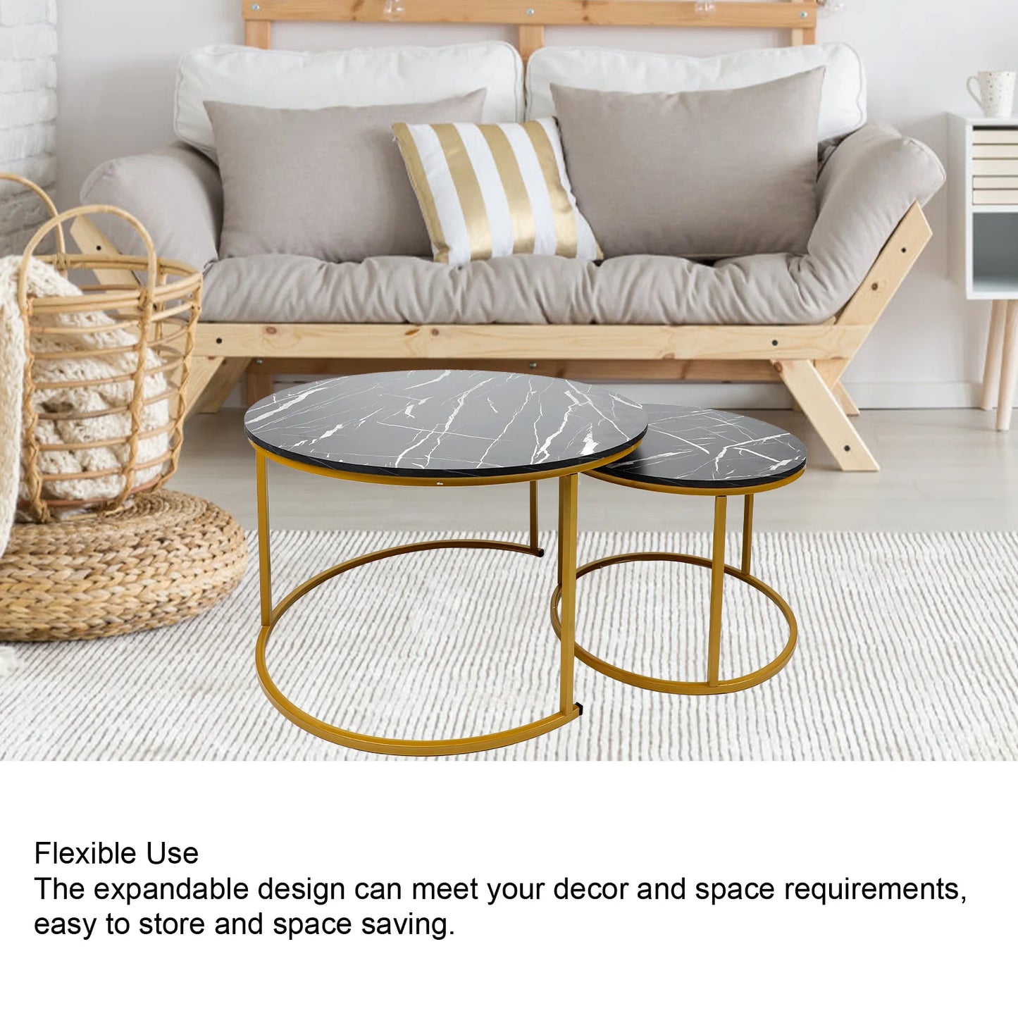 TOPINCN Modern 2 PCS Round Black Marvel White Grain Top Gold Metal Circle Frame Interlocking Stacking Coffee Table Sets/Colors-Black