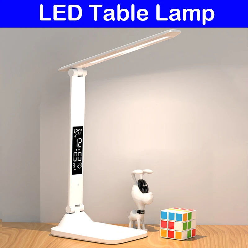 No-EN-Name-Null Smart LCD Display-Temperature-Time-Date Touch Switch Stepless Dimmable Warm-Cool White LED Lights White Plastic Rectangle Shaped Flat Head Long Stem Body-Base Desk Lamps