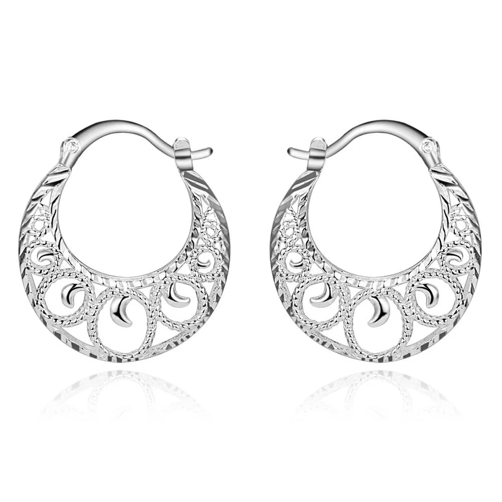 SAY Adult Women Fine Imitation Floral Silver Colored Design Sterling Silver Metal Hoop Earrings