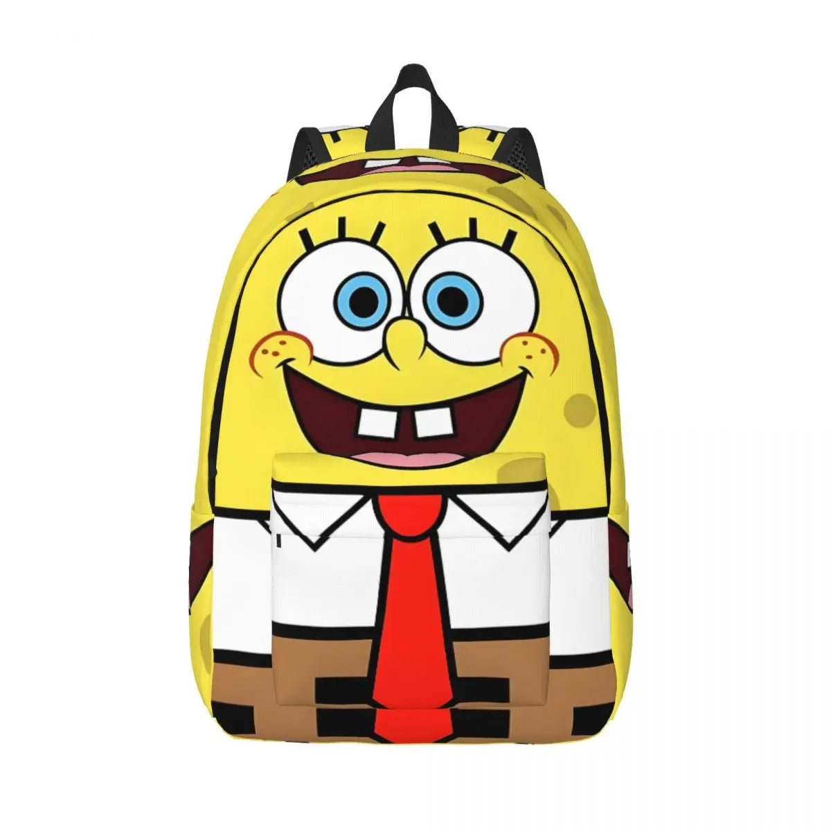 MINISO Kids Large Kindergarten Yellow SpongeBob Sturdy Square Pants Design Front Zippers Lightweight Waterproof Canvas Fabric Black Adjustable Shoulder Straps-Handle External Pockets Single Compartment School Backpacks/Colors-Yellow/Multicolor