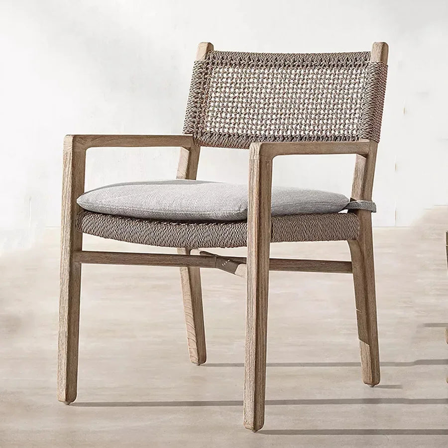 No-EN-Name-Null Outdoor European Free-Standing Brown Rectangle Shaped Wood Frame Table-Bench-Six Mesh Backrest Fabric Beige Cushions Chairs Sets/Colors-Brown/Beige