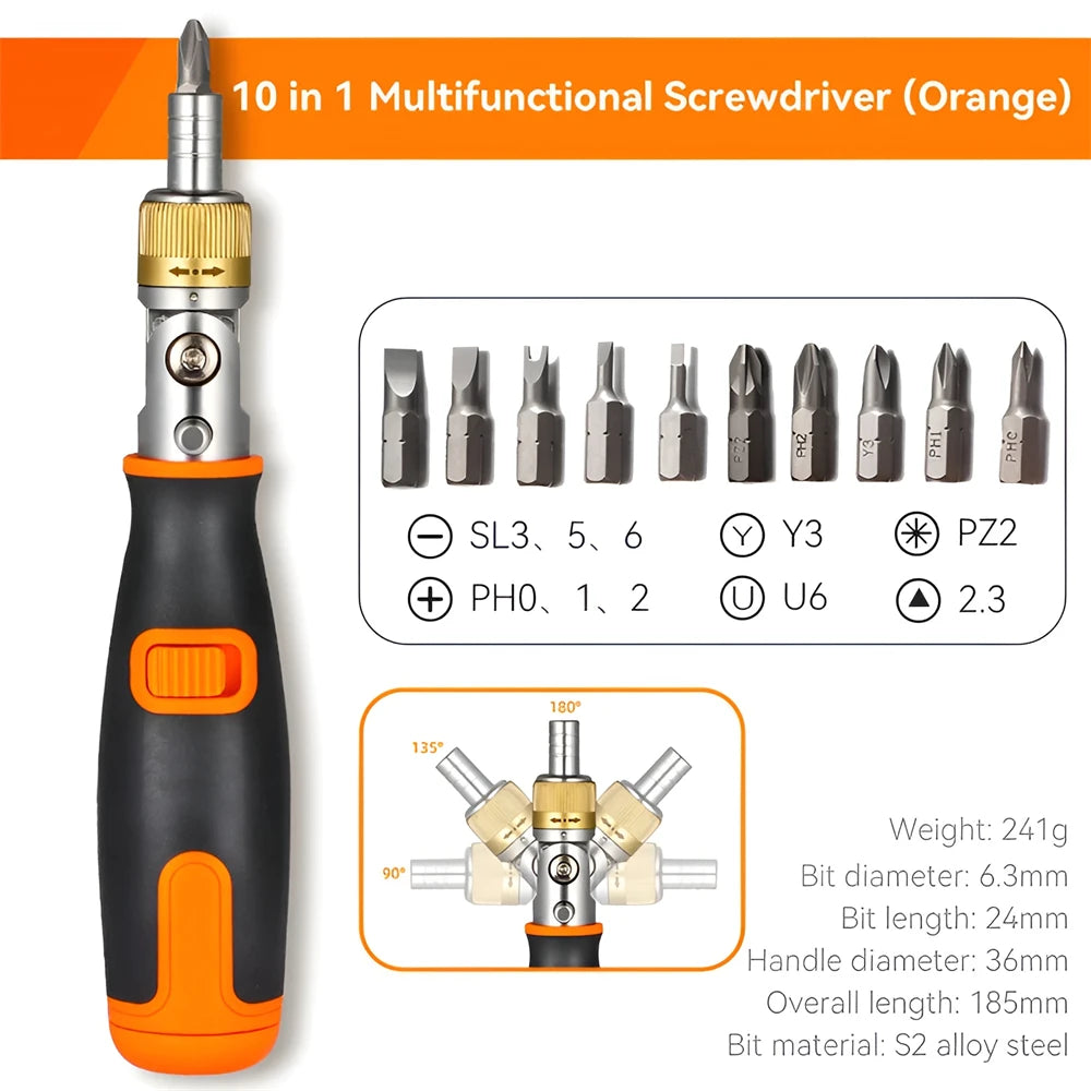 KRIOCY 10-In-1 Multifunctional Orange-Black Plastic Non-Slip Handle Double-Headed Insulated Dismountable Silver Chrome Plated Vanadium Steel Twistable Corner Multi-Angle Ratchet Magnetic Screwdrivers/Colors-Black/Gold/Silver/Orange/Multicolor