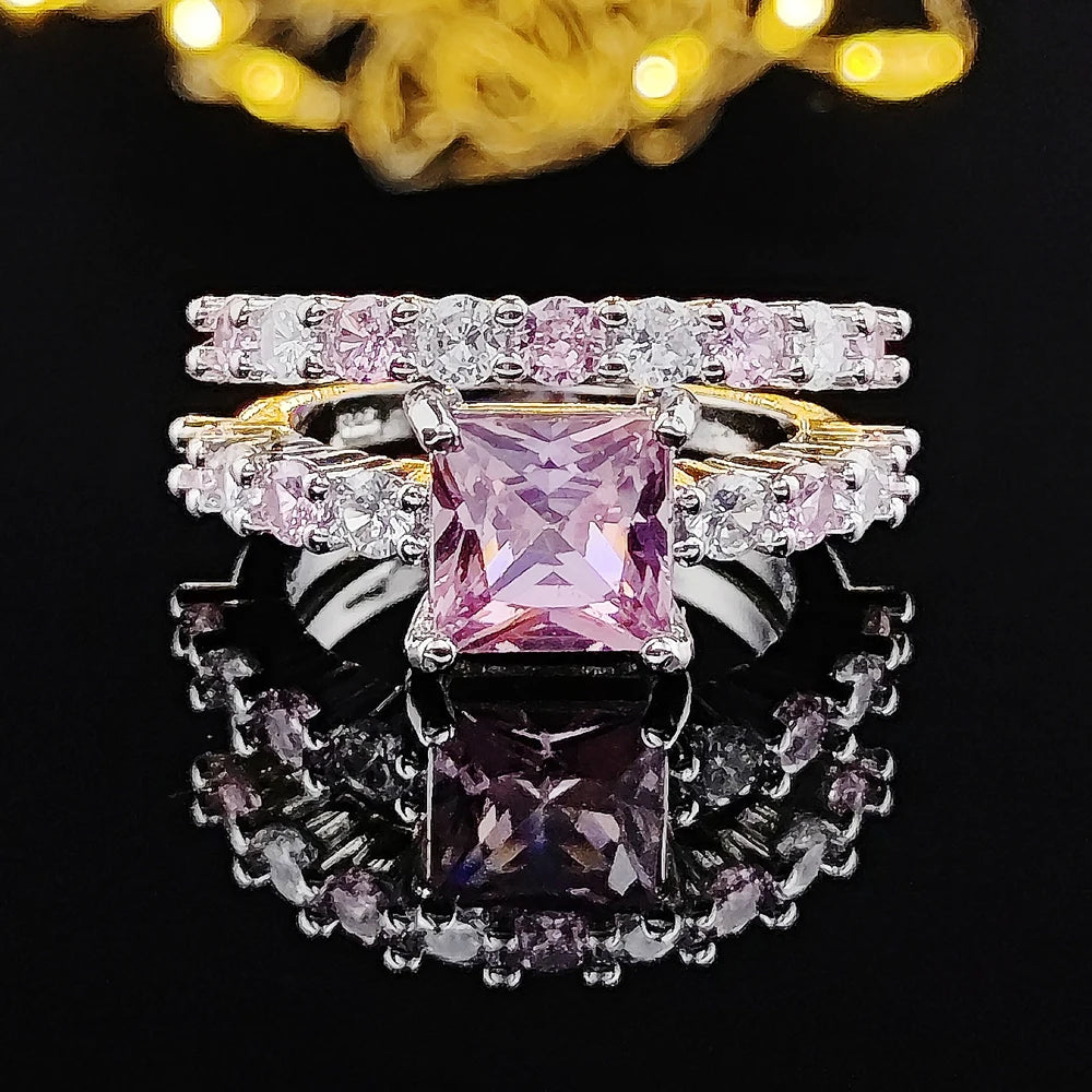 MOONSO 2 PCS Adult Women Fine Imitation Silver Copper Metal Large Princess-Cut Pink Cubic Zirconia Central Stone-Smaller White-Pink Stones Around It Bridal Wedding Round Solitaire Band Rings