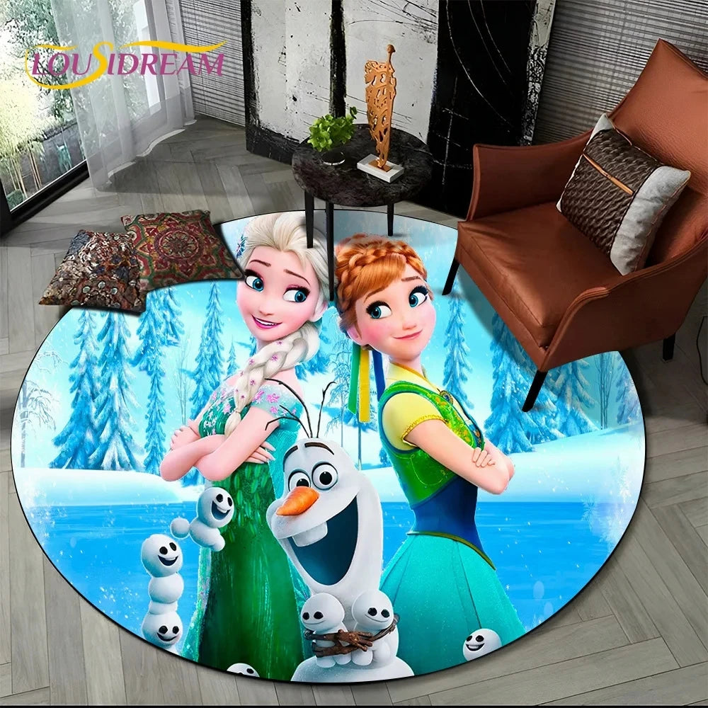 MINISO Indoor-Outdoor Kids Blue Background Round Shaped DISNEY'S Frozen II Movie Cartoon Anime Princess Elsa-Anna-Olaf Design Skid-Proof Bottom Polyester-Flannel Rugs/Colors-Blue/Red/Black/White