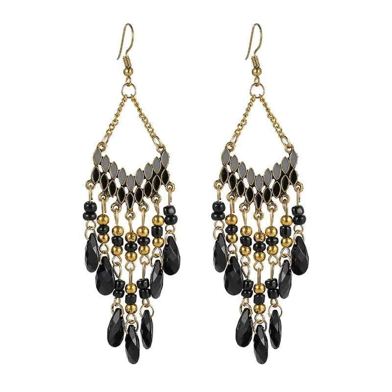 DAIPAN Adult Women Imitation Bohemian Multicolor Resin Beads Water Drop Tassel Gold-Plated Copper-Metal Alloy Earrings/Colors-Multicolor/Gold/Blue/Red/Black/Geometric