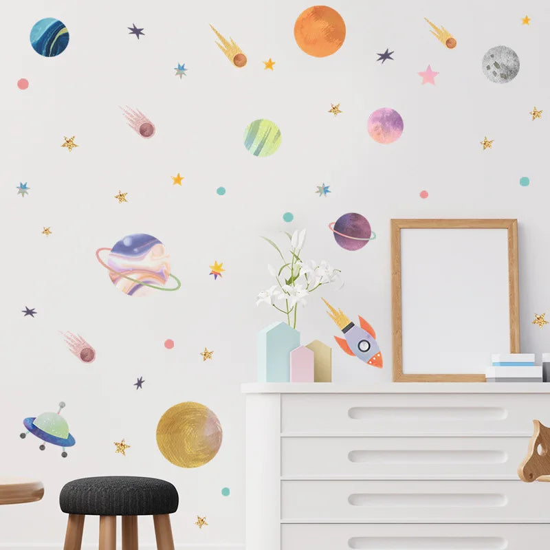 HEATBOYWADE Kids 4 PCS Creative Multicolor Plastic Self-Adhesive Removable Creative Cartoon Universe Planets Space Home Decor Wall Decals Sets /Colors-Multicolor