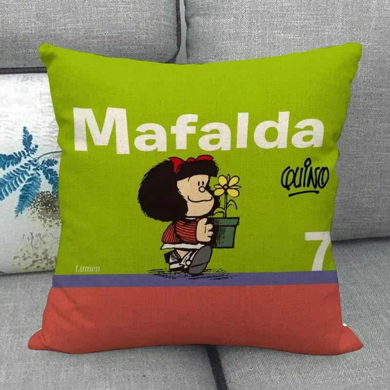 No-EN-Name-Null Customized Multicolor Square Machine Washable Soft Linen-Cotton Fabric Printed Mafalda Pillowcases/ Sizes: 45X45(One Sided)/Colors-Red/Purple/Beige/White/Pink/Blue/Black/Floral/Multicolor