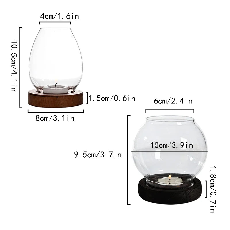 No-EN-Name-Null Modern Vintage Clear Transparent Round Glass Shade-Round Brown Wood Base Windproof Big Tealight Candle Holders