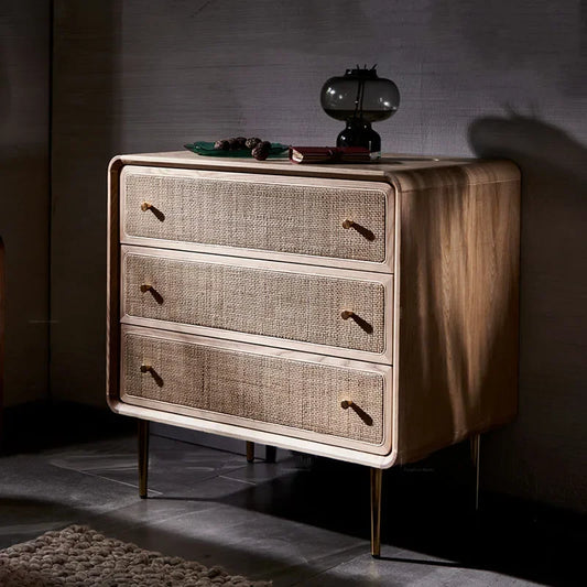 Brown Kitchen Storage Rattan Wood Sideboard w /Drawers/Doors