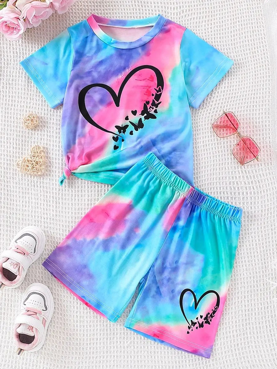 No-EN-Name-Null 2 PCS Preschool Girls Tie-Dyed Multicolor Polyester Fabric O-Neck Pullover Summer Heart Pattern Shorts Sets/Ages: 4-6 Years Old/Colors-Blue/Pink/Multicolor/Tie-Dyed