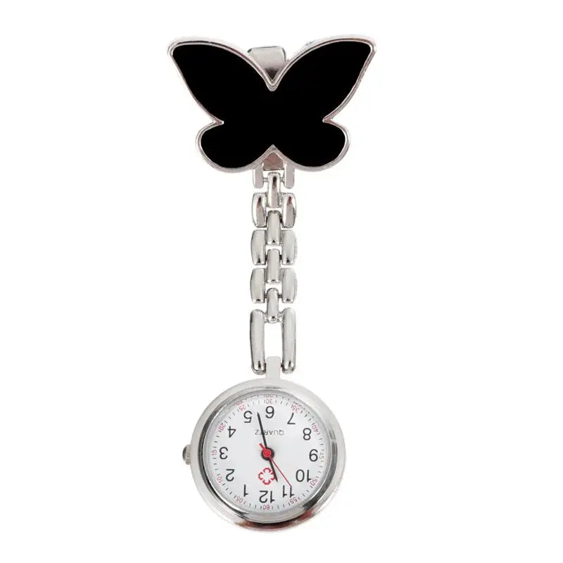 No-EN-Name-Null Adults Metal Alloy Round Shaped Digital Quartz White Face Black Numbers Butterfly-Flower Floral Styles Hanging Locked Pin-On Lapel Nurses Fob Pocket Watches