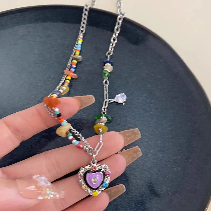 No-EN-Name-Null Adults Women Vintage Imitation Zinc Alloy Metals Imitation Bohemian Natural Crystal Stones Flower Dangle-Hearts-Smiling Star Multicolored Beaded Pendant Necklaces/Colors-Floral/Multicolor