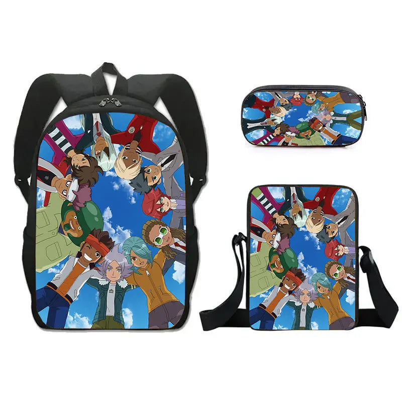 FANTASY VALLEY Women 3 PCS Softback Anime Inazuma Eleven Zippers Waterproof Multicolor Oxford Nylon School Backpacks Sets/ Colors-Black/Blue/Multicolor