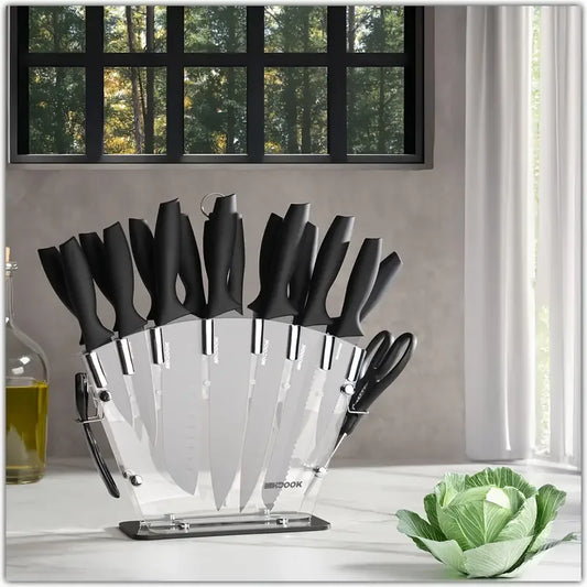 19 PCS Set Kitchen Stainless Steel Plastic Black Handle Chef Sharp Blade Knives Sets/ Extra Utensils