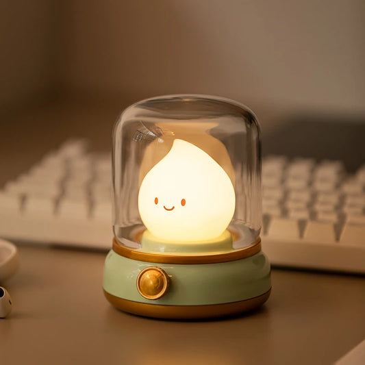 BANDIAN Kids Mini 3-Mode Warm White LED Round Clear Plastic Top Cute Cartoon Enclosed Kerosene Flame Green Bottom USB Rechargeable Lithium Battery Portable Tabletop Night Lights-Ambient Lighting/Colors-Green/White/Yellow/Clear/Batteries-Bulbs Included
